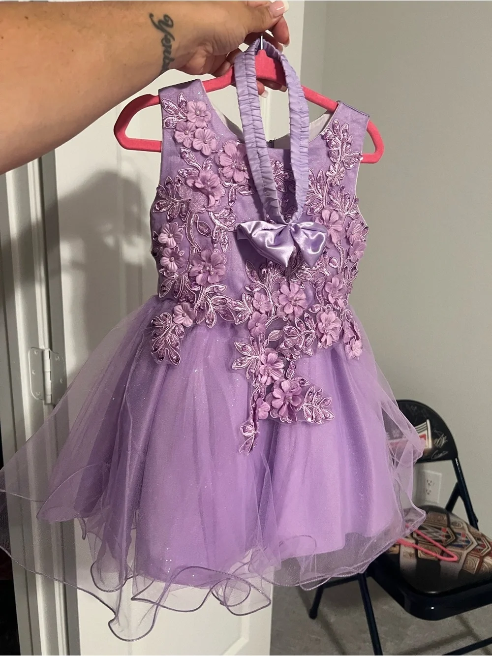 Girls Lavender Embroidered Tulle Party Dress with Bow